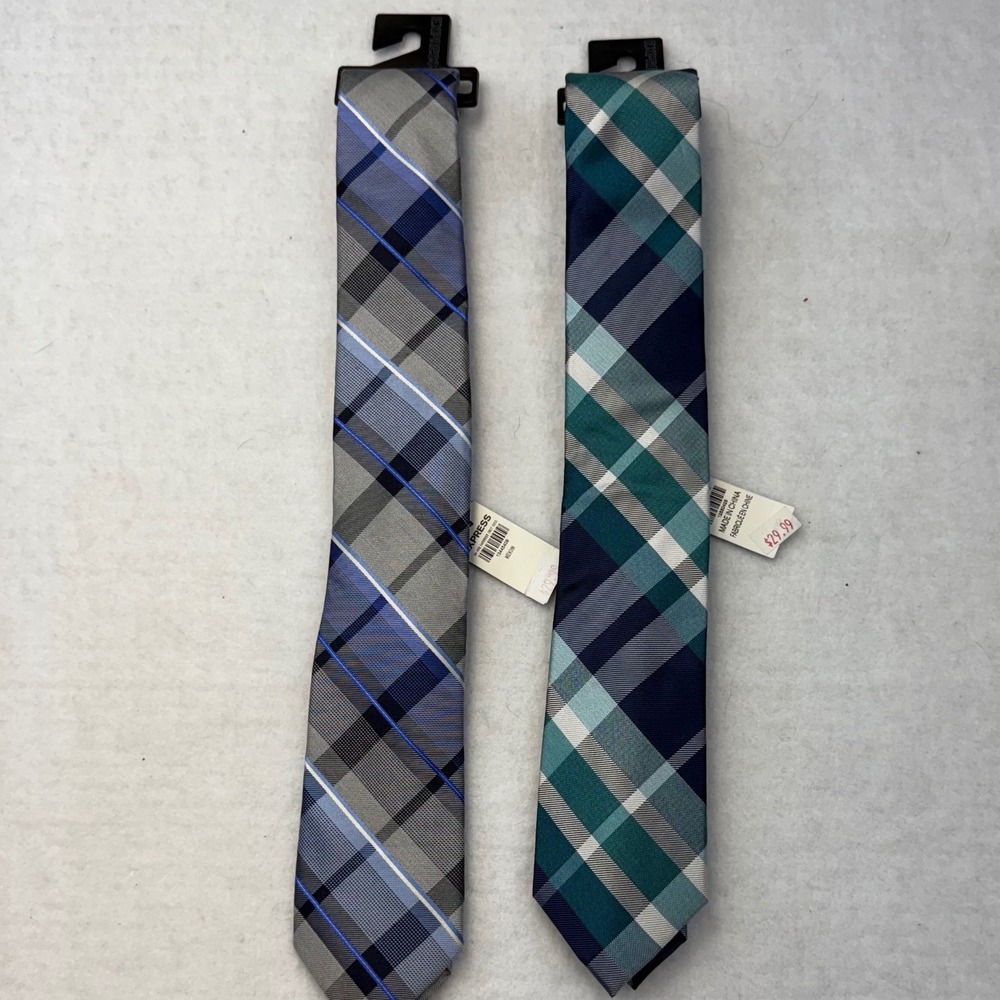Mens‎ EXPRESS Plaid Neckties Set of 2 Blue Gray Green Formal Business NWT